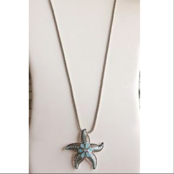 Silver Blue Starfish Pendant Necklace 33" Statement Aqua Enamel ID Badge Holder - Picture 4 of 8